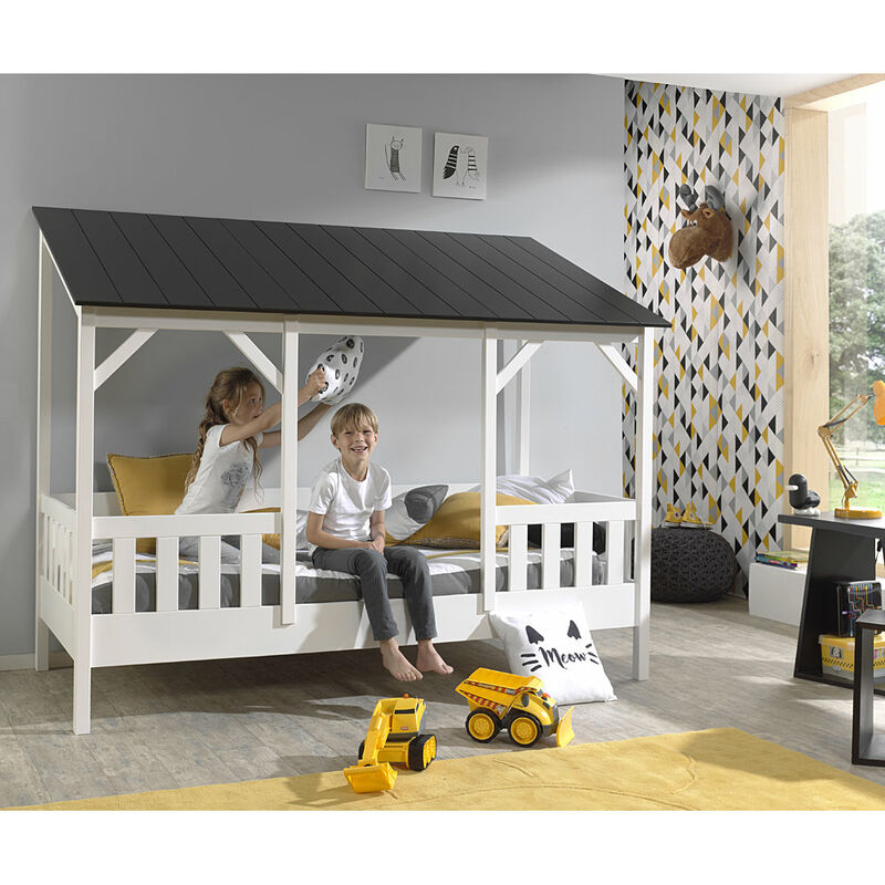 Kinder- Hausbett ALEXANDRIA-12 mit 90 x 200 cm Liegefläche, Dach in schwarz - b/h/t: 214,2/174/105,3cm