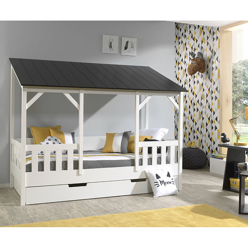 Kinder-Hausbett ALEXANDRIA-12 mit 90 x 200 cm Liegefläche und Bettschublade, Korpus weiß lackiert, Dach in schwarz - B/H/T: 214,2/174/105,3cm