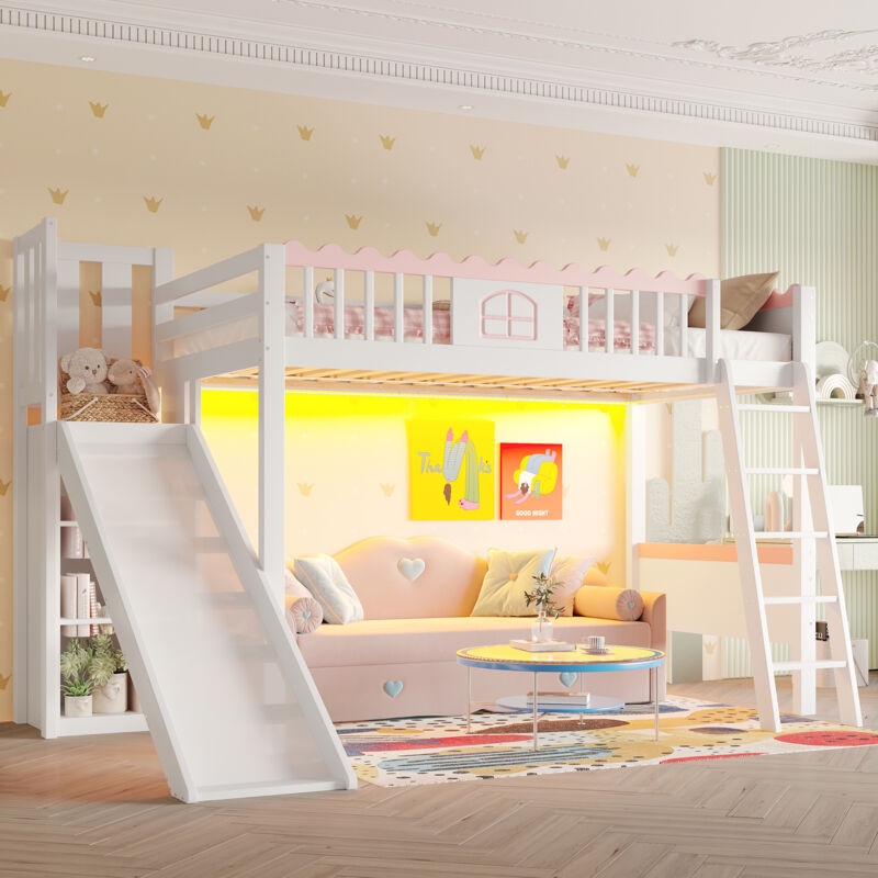 Kinder-Hochbett 90x200cm Einzelbett mit Rutsche, LED-Beleuchtung und 3 Regalen, Kiefernholz-Konstruktion - Weiß