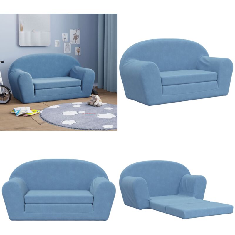 Kinder-Schlafsofa 2-Sitzer Blau Weicher Plüsch - Kinder Couch - Kinder Sofa - Schlafsofa - Kuschelbett - Spielplatz - Home & Living