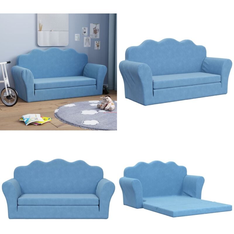 Kinder-Schlafsofa 2-Sitzer Blau Weicher Plüsch - Kinder Couch - Kinder Sofa - Sitzsack Kinder - Kuschelbett - Spielplatz Möbel - Home & Living