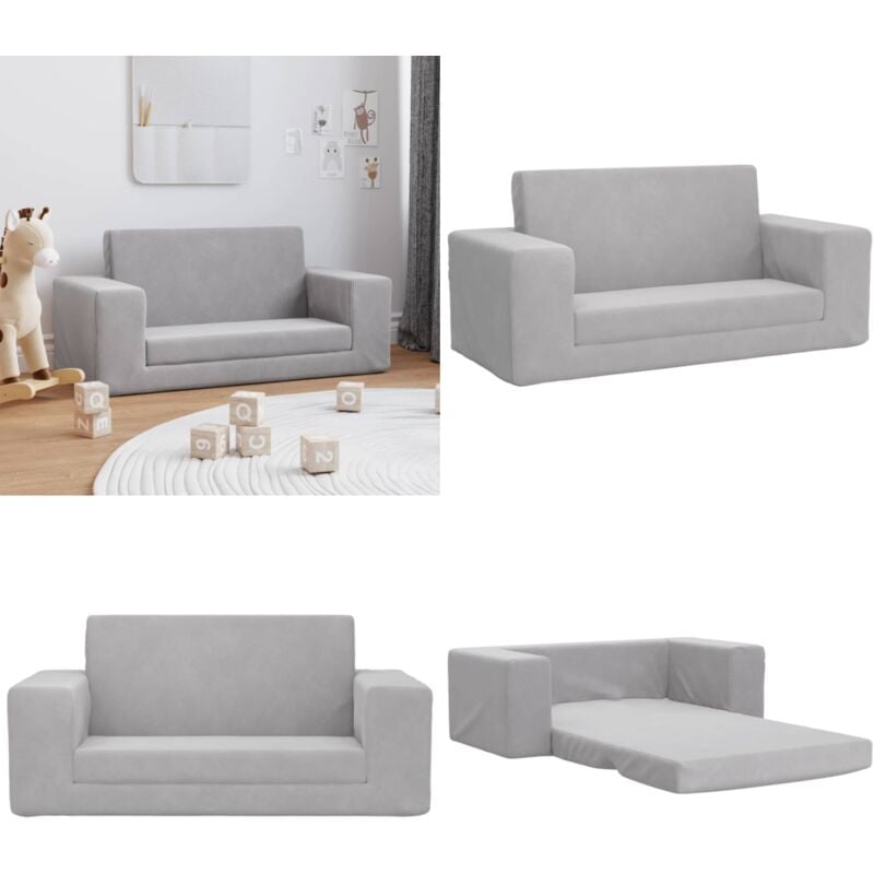 Kinder-Schlafsofa 2-Sitzer Hellgrau Weicher Plüsch - Kinder Couch - Kinder Sofa - Schlafsofa - Kuschelbett - Spielplatz - Home & Living