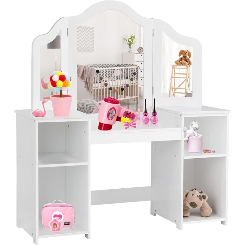 Goplus - Kinder Schminktisch mit Vier Stauraum, Schminktisch mit starker Tragfaehigkeit, Ankleider mit abnehmbaren Dreifachdspiegeln,Frisierkommode