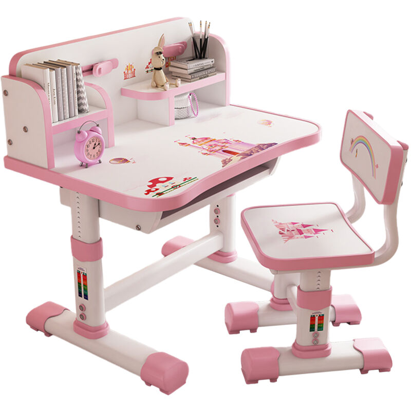 Flasidu - Kinder-Schreibtisch- und Stuhl-Set, höhenverstellbarer Kinder-Studienstuhl mit Cartoon-Muster, Pink