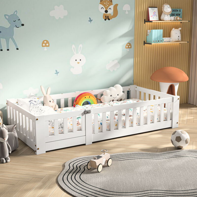 Kinderbett 120x200, Bodenbett für Kinder 120x200, Montessori-Bett, Kinderbett am Boden, Montessori-Bett 120 x 200 cm mit Rausfallschutz, aus massiver