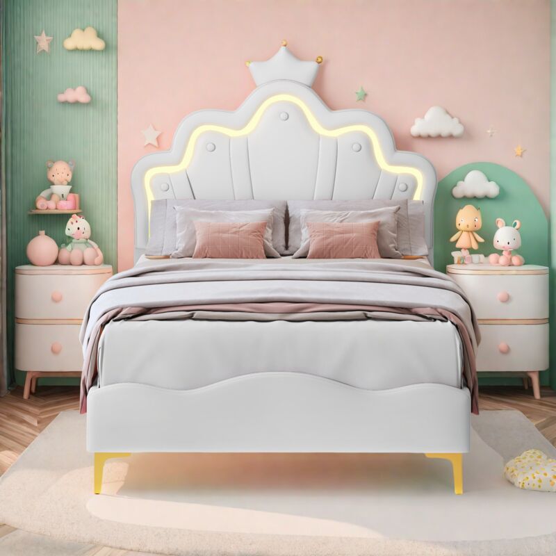 Kinderbett 90x200cm, Gepolstertes Kinderbett mit LED, Einzelbettgestell, Verstellbares Kopfteil, Bettgestell mit Kronenkopfteil und Lattenrost, PU,