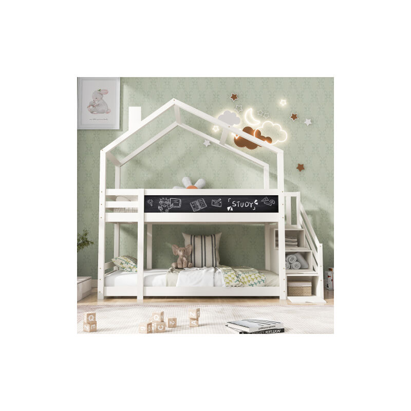 Kinderbett Baumhaus mit Schornstein &Speicherung und Rausfallschutz 90 x 200 cm Hausbett für Kinder inkl.Tafel– 2x Lattenrost- Weiß(ohne Matratze)