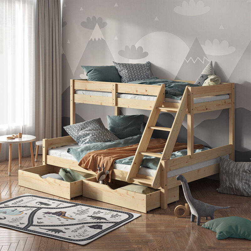 Vitalispa - Etagenbett Everest, Naturholz, 140x200 / 90x200 cm mit Schubladen