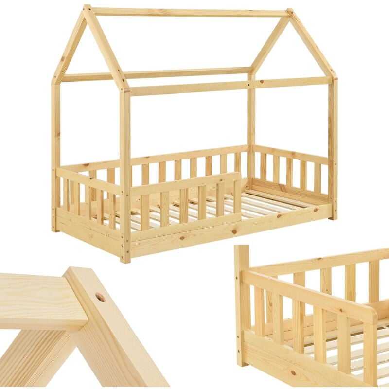 Juskys - Kinderbett Marli 80 x 160 cm mit Rausfallschutz, Lattenrost und Dach - Hausbett für Kinder aus Massivholz - Bett in Natur