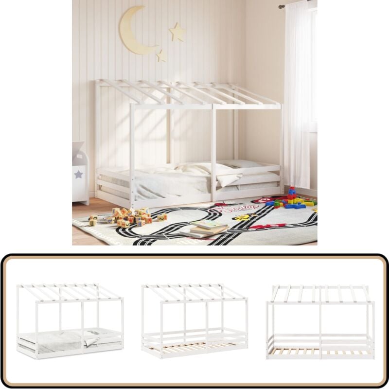 Kinderbett mit Dach Weiß 100x200 cm Massivholz Kiefer - Kinderbett - Holzbett - Kiefernholzbett - Weißes Kinderbett - Jugendbett