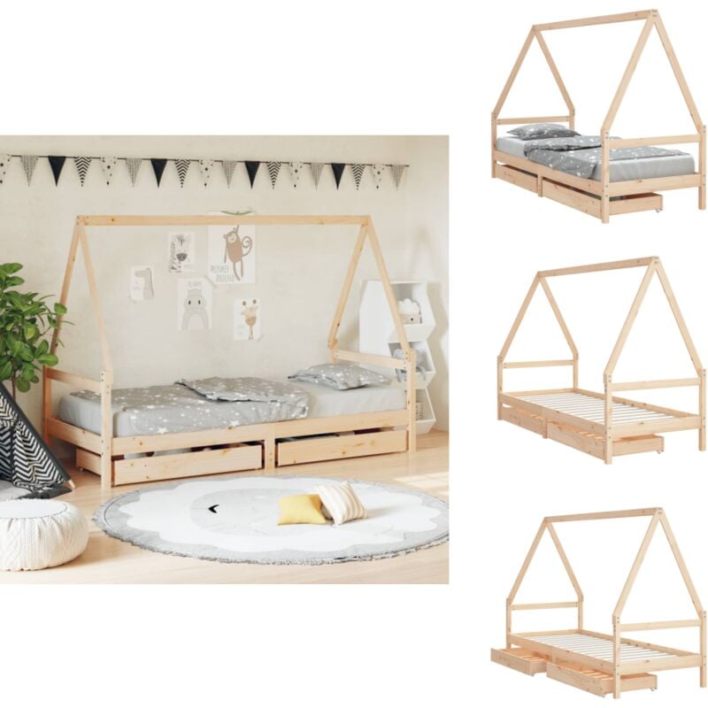 Kinderbett mit Schubladen 80x200 cm Massivholz Kiefer - Holz Kinderbett - Kiefernholz Kinderbett - Hausförmiges Kinderbett - Kinderbett Mit