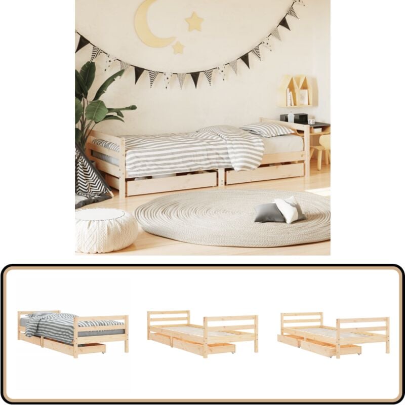 Kinderbett mit Schubladen 80x200 cm Massivholz Kiefer - Holz Kinderbett - Kiefernholz Kinderbett - Jugendbett - Kinderzimmer Möbel - Schreibtisch Kind