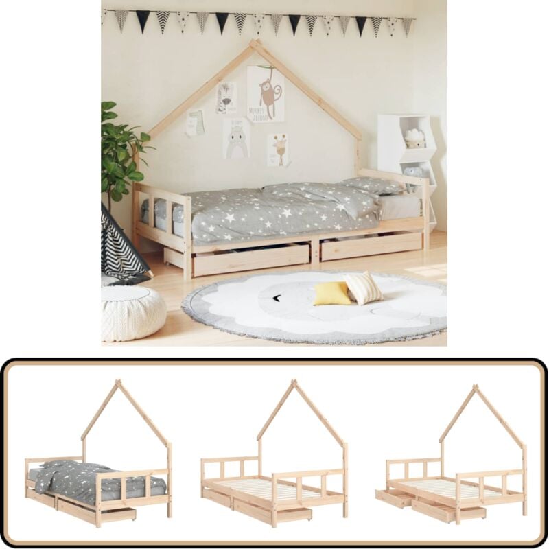 Kinderbett mit Schubladen 90x200 cm Massivholz Kiefer - Holz Kinderbett - Kiefernholz Kinderbett - Hausförmiges Kinderbett - Kinderbett Mit