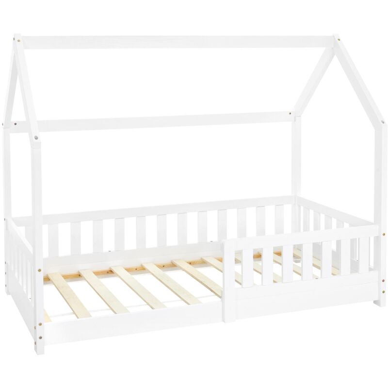 ML-Design Kinderbett 80x160 cm mit Rausfallschutz, Dach und Lattenrost, Weiß, Massivholz Kinder Bett, Hausbett für Mädchen/Jungen, Bettenhaus aus