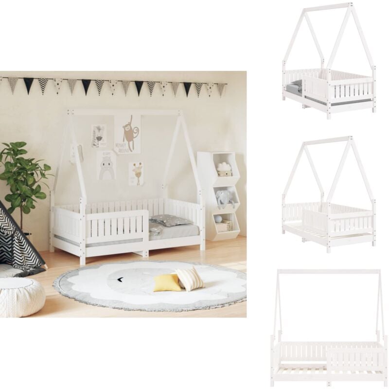 Kinderbett Weiß 70x140 cm Massivholz Kiefer - Holz Kinderbett - Kiefernholz Kinderbett - Hausförmiges Kinderbett - Kinderzimmer Dekoration