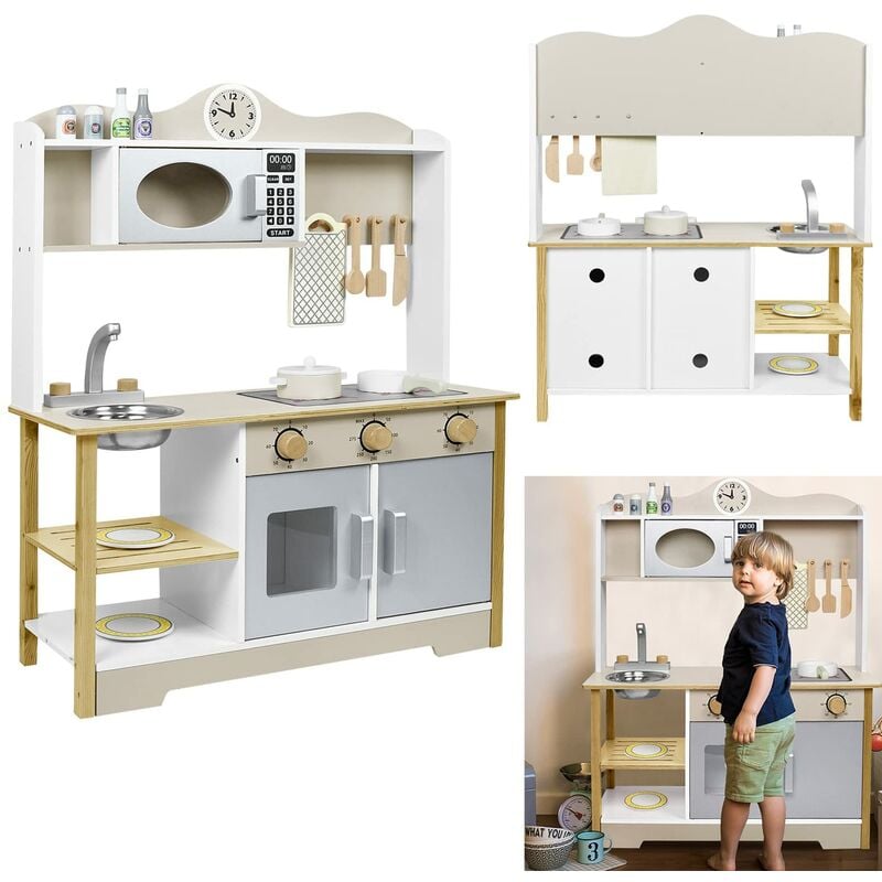 Kinderküche Zubehör Spielküche Holz, Spielzeugküche für Kinder ab 3 Jahren, Kinder Küchenspielset Spielzeug mit Mikrowelle Kochfeld Spüle Pfanne