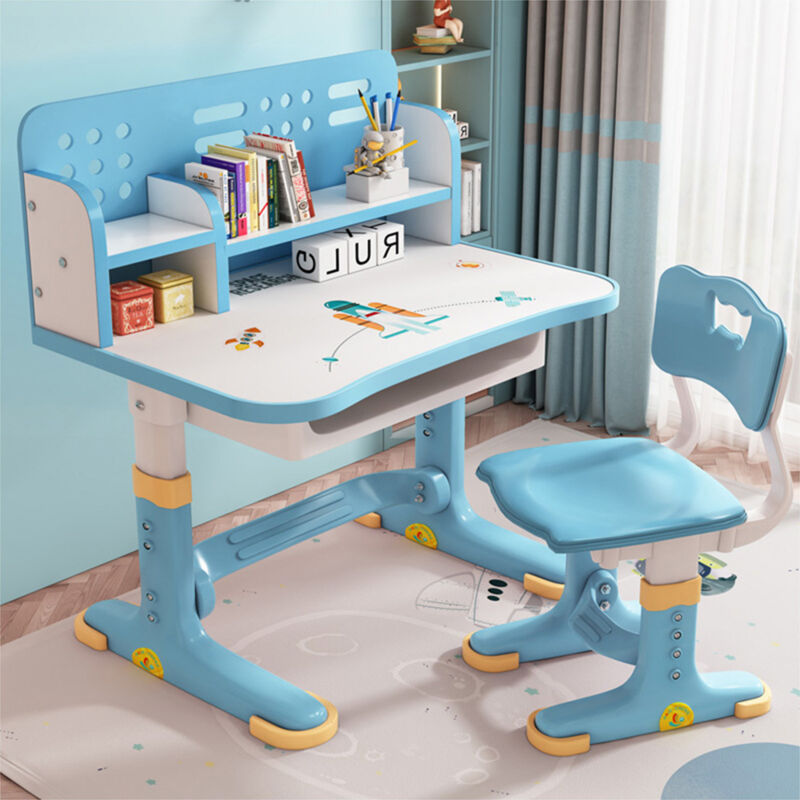 Kinder-Schreibtisch- und Stuhl-Set, höhenverstellbarer Kinder-Lerntisch, Golden Distance Design-Schreibtisch-Lerntisch mit neigbarem Bücherregal,