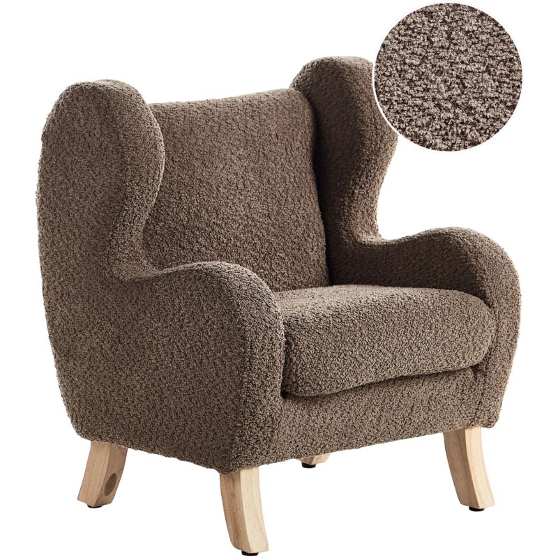 Kindersessel Braun Bouclé-Stoffbezug mit Armlehnen Helle Holzbeine Modern für Kinderzimmer Wohnzimmer Ausstattung Kindermöbel Ohrensessel