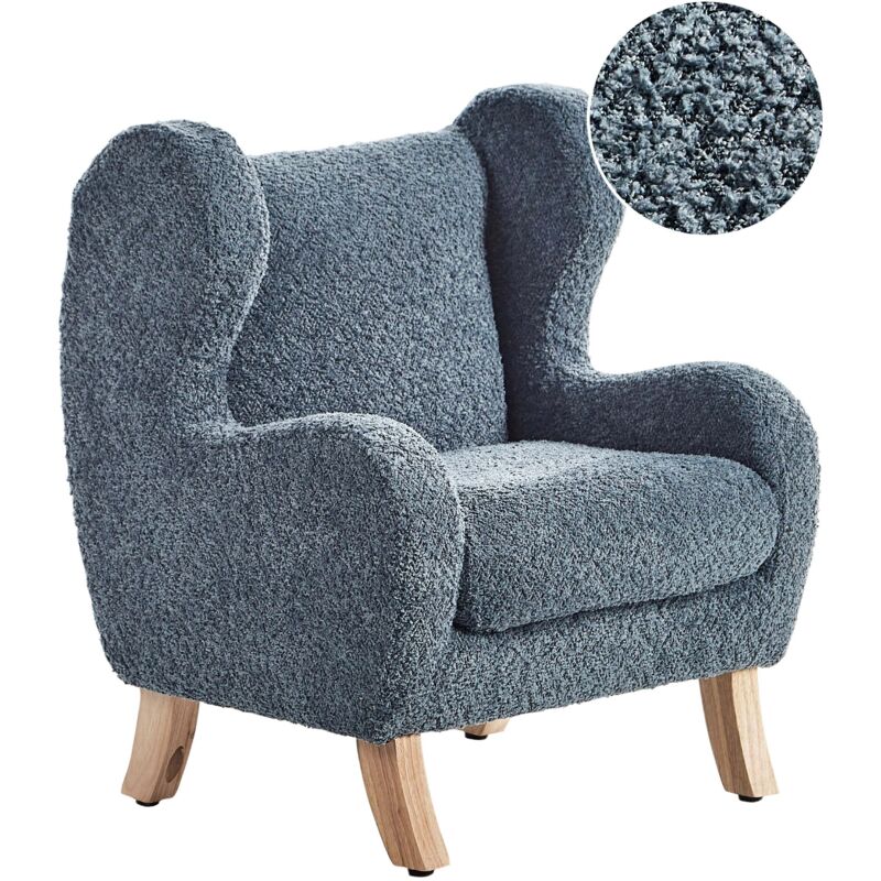 Kindersessel Dunkelblau Bouclé-Stoffbezug mit Armlehnen Helle Holzbeine Modern für Kinderzimmer Wohnzimmer Ausstattung Kindermöbel Ohrensessel