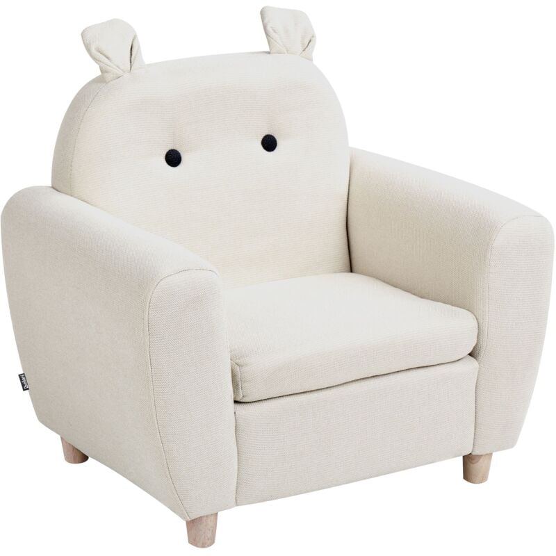 Kindersessel Cremeweiß Stoff Tierform Hippo mit Ohren Armlehnen Helle Holzbeine Modern für Kinderzimmer Wohnzimmer Ausstattung Kindermöbel