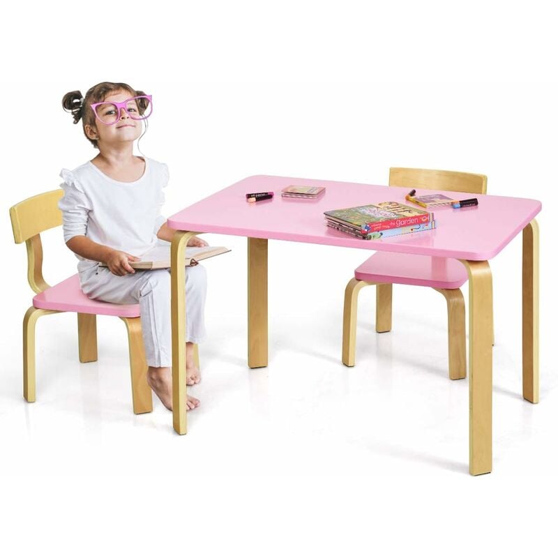 Goplus - Kindersitzgruppe aus Holz mit 1 Kindertisch und 2 Stühle, Kindermoebel mit Abgerundeten Ecken und Kanten,Kinder Tisch und Stühle für