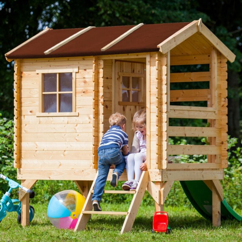 Timbela - Stelzenhaus mit rutsche aus Holz - B146xL182xH205 cm/1,1m2 - Spielhaus im Freien für Kinder - Gartenspielhaus M501C