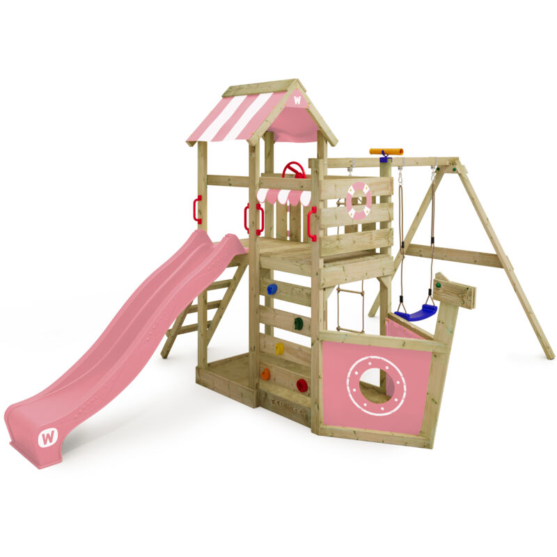 Spielturm Klettergerüst SeaFlyer mit Schaukel & Rutsche, Baumhaus mit Sandkasten, Kletterleiter & Spiel-Zubehör – Pastellpink - Wickey