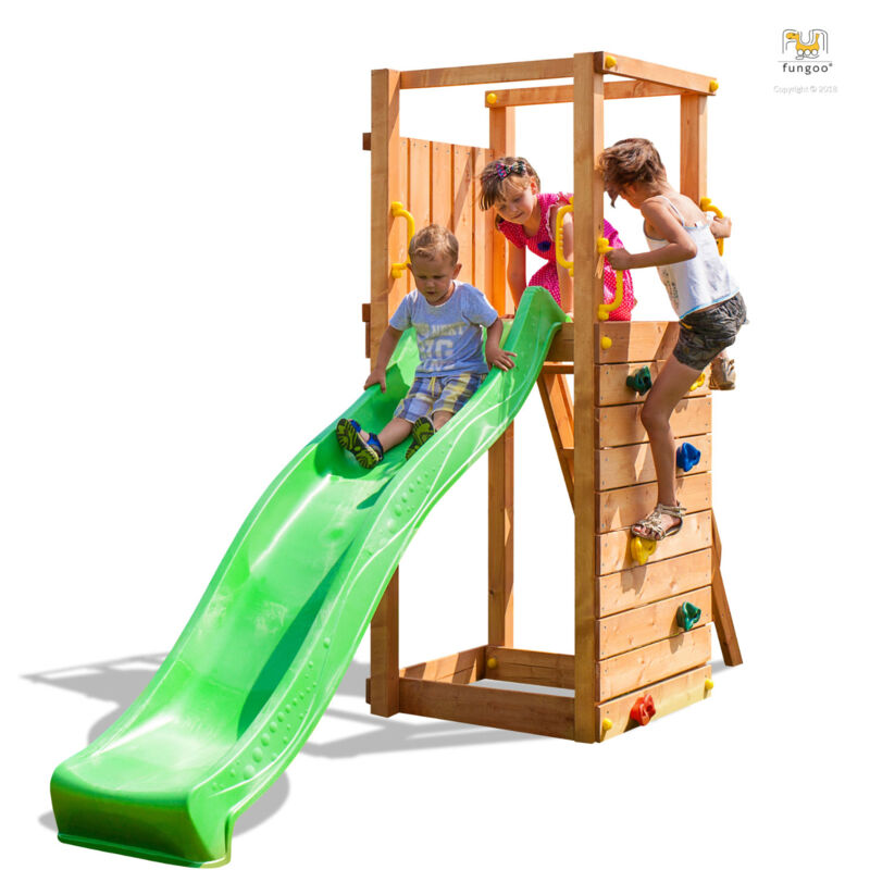 Fungoo - Spielturm 'TipTop', teak, mit Rutsche Leiter und Kletterwand