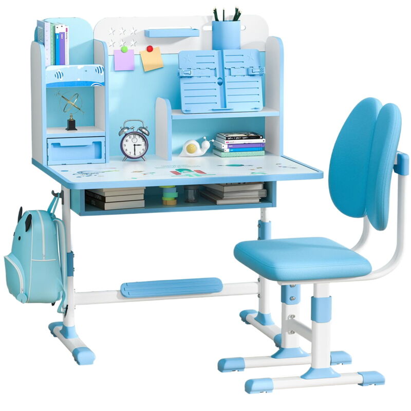 Flasidu - Kinderstudiertisch mit Stuhl, höhenverstellbar, mit Bücherständer, Pedal, Trennwanddesign,110x 80x 50cm,Blau