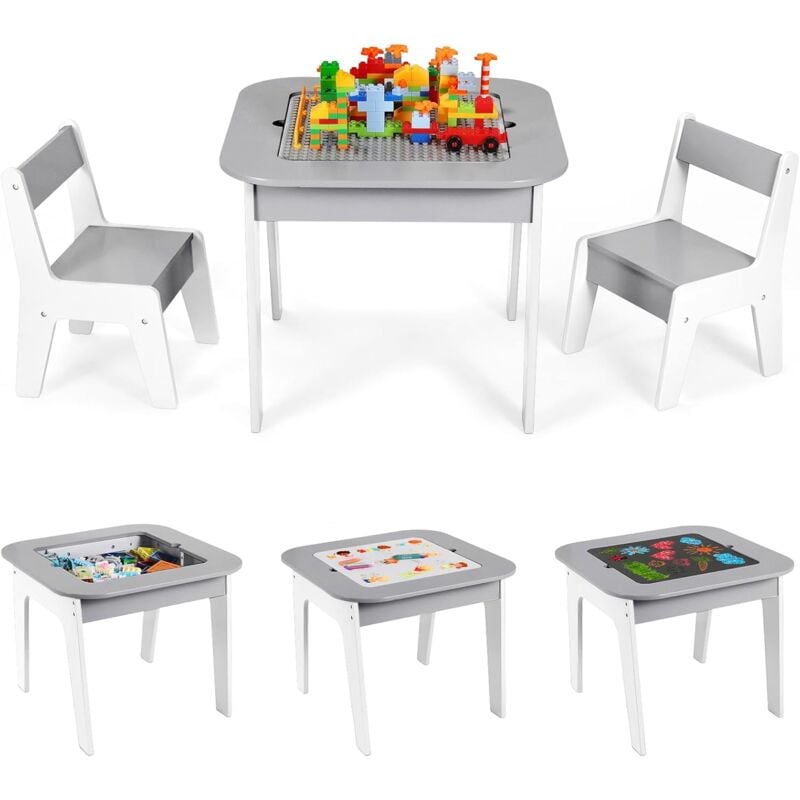 Kindertisch mit 2Stühlen,Kinder Tisch Stuhl Set,Aktivitätentisch,Bausteintisch,Kinder-Maltisch,Kindersitzgruppe,Kindermöbel(Grau)