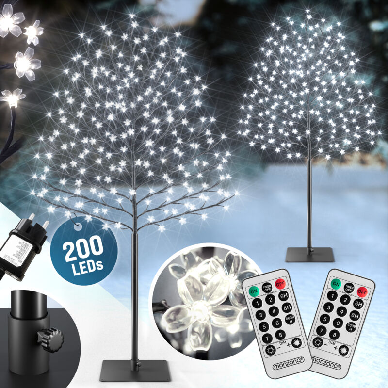 MONZANA® Kirschblütenbaum LED mit Fernbedienung Timer Dimmer Innen Außen Künstlich Groß Deko Weihnachten Weihnachtsdeko Leuchtbaum Lichterbaum 2er