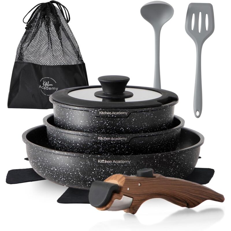 Kitchen Academy Topfset 10tlg, Topf Pfannenset mit Glasdeckeln, Marmorbeschichtung Antihaft-Versiegelung Kochgeschirr-Set, induktionsgeeignet,
