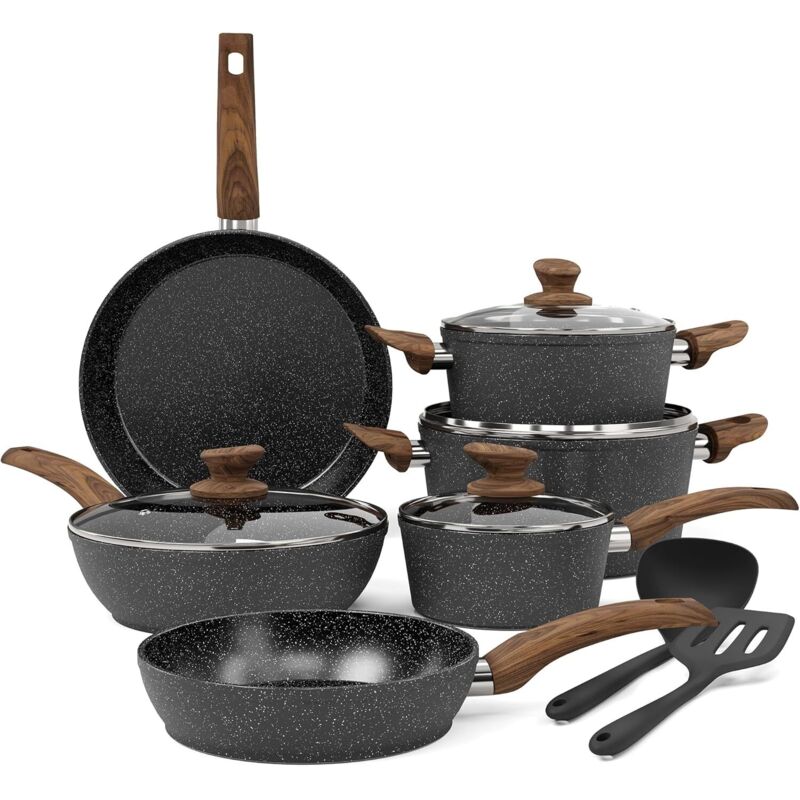 Kitchen Academy Topfset 12tlg, Topf Pfannenset mit Deckel Antihaft-Versiegelung Kochgeschirr Set, induktionsgeeignet, Maseriger glater Griff, Schwarz