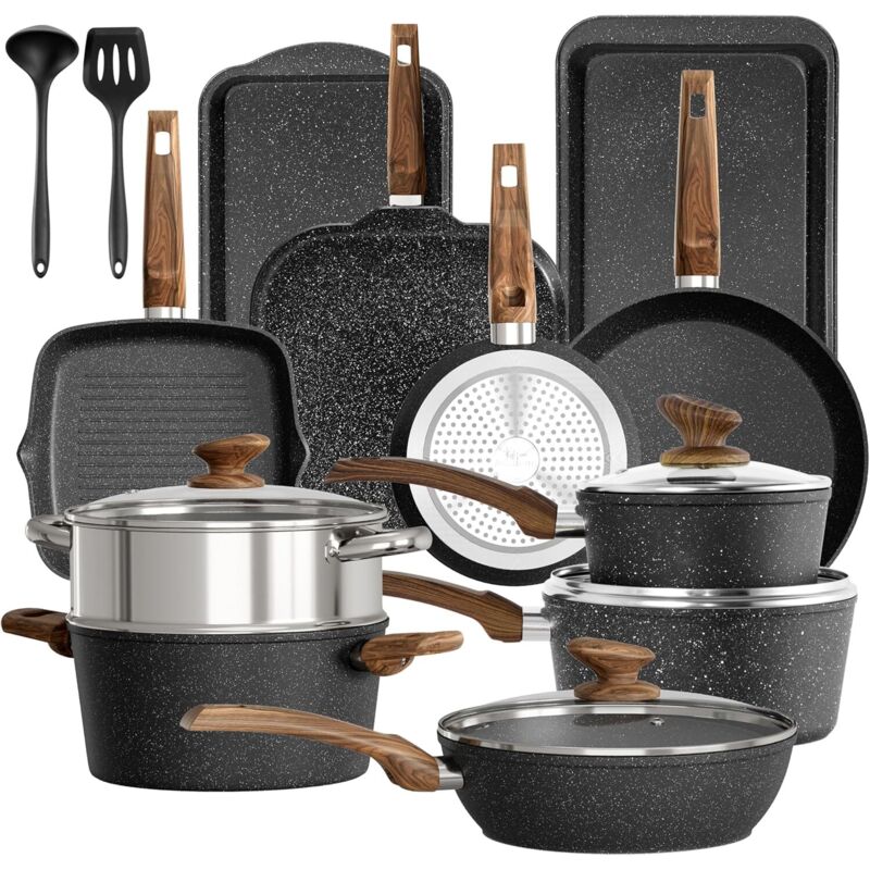 Kitchen Academy Topfset 17-teiliges Induktions-Kochgeschirr-Set mit Glasdeckeln und Granitbeschichtung inkl. Pfannen und Töpfe (Schwarz 17 tlg)