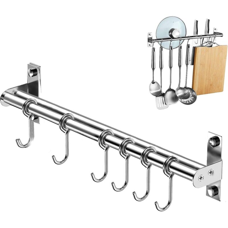 ZVD - Kitchen Utensil Holder, Wall Mounted Kitchen Utensil Rack with 6 Sliding Hooks, Stainless Steel Utensil Hanger Rack for