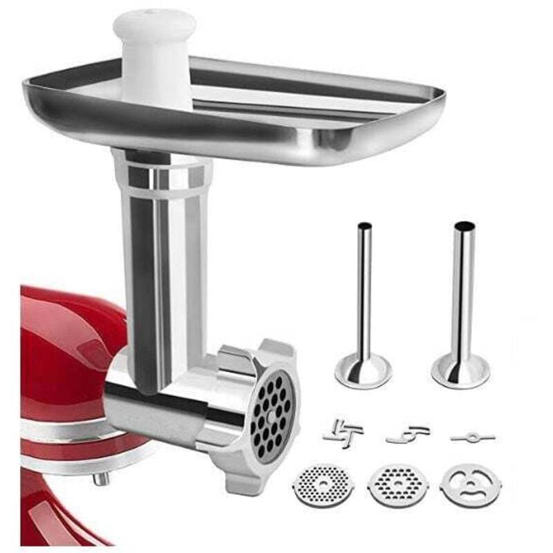 KitchenAid Fleischwolf-Zubehör, KitchenAid Fleischwolf für Standmixer, mit 3 Mahlplatten und 2 Füllrohren für KitchenAid Artisan Fleischwolf, von