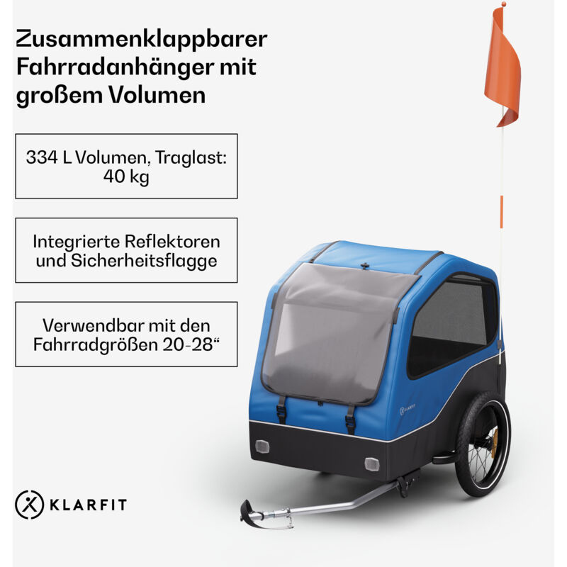 Geräumiger Fahrradanhänger für 2 Haustiere mit 334 l Volumen - robuste Stahlrahmenkonstruktion, Reflektoren rundum - idealer Hundeanhänger &