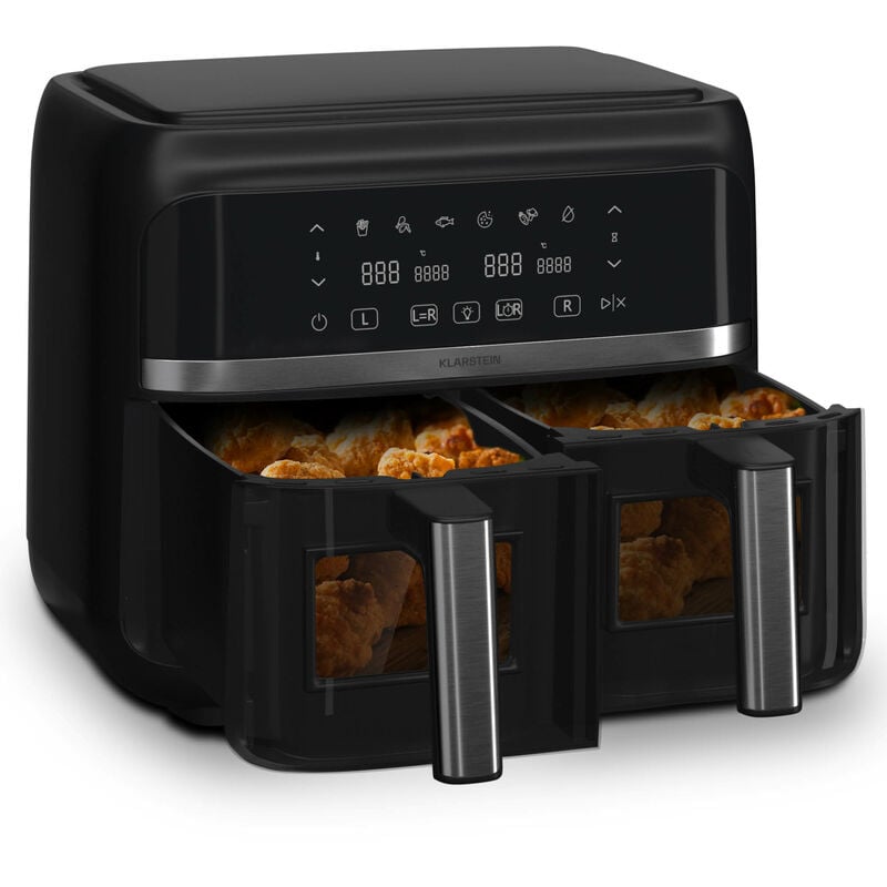 Klarstein - Heißluftfritteuse, Airfryer mit 2 Kammern, 2850W Kompakte Heißluftfritteuse, 7,6L Luft-Friteuse mit Touch-Bedienfeld, Timer, Vorheizen, 6
