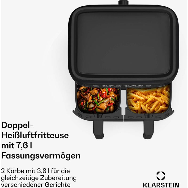 Klarstein Heißluftfritteuse, Airfryer mit 2 Kammern, 2850W Kompakte Heißluftfritteuse, 7,6L Luft-Friteuse mit Touch-Bedienfeld, Timer, Vorheizen, 6