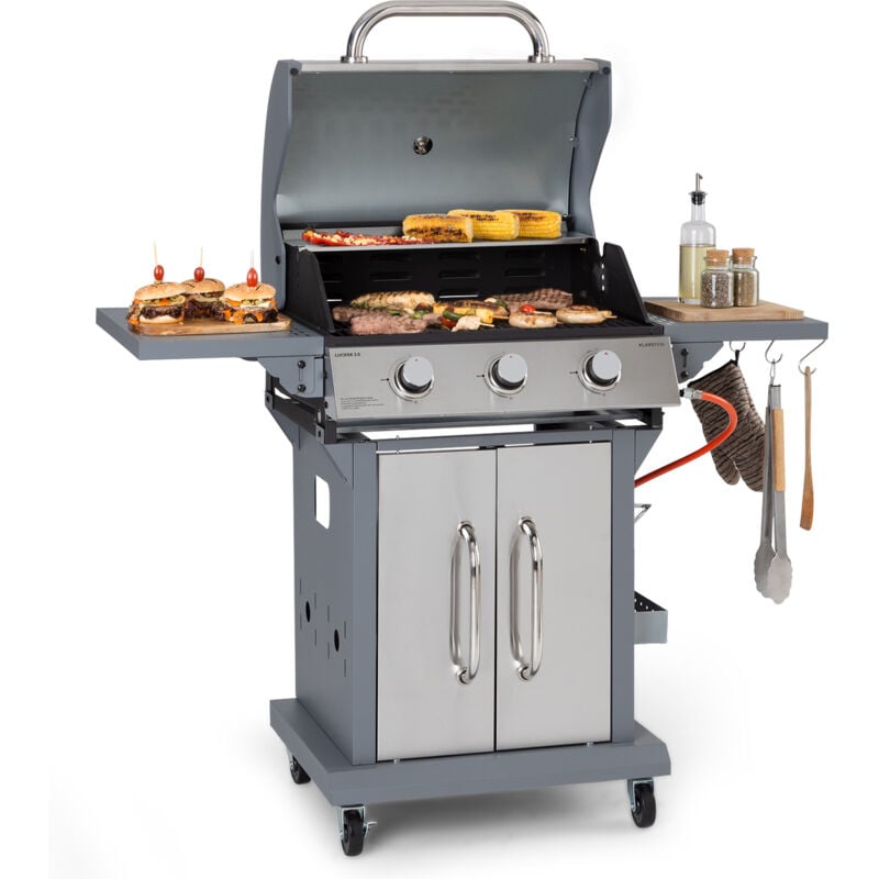 Klarstein - Gasgrill für Camping Balkon Garten, Grill mit 3 Brenner, 10800W Edelstahl-Gasgrill, Outdoor Gasgrill mit Seitentischen, Gas Grill für