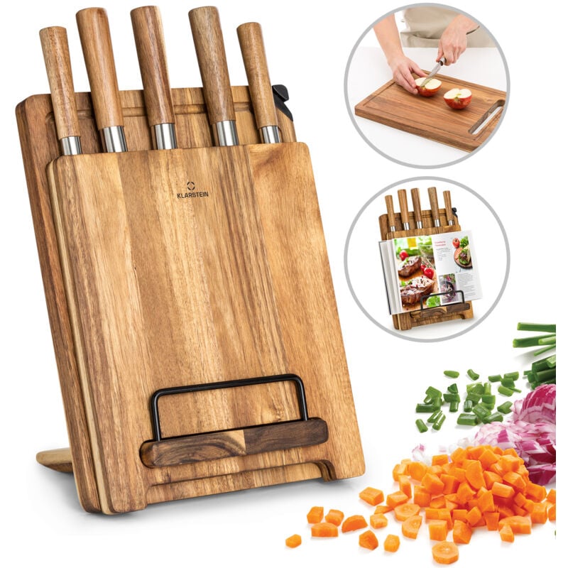 Klarstein - Küchenmesser Set mit Messerblock Selbstschärfend, Messerset mit Akazienholz-Messerblock, 5 Scharfe Messer, Kratzfeste Edelstahl-Messer
