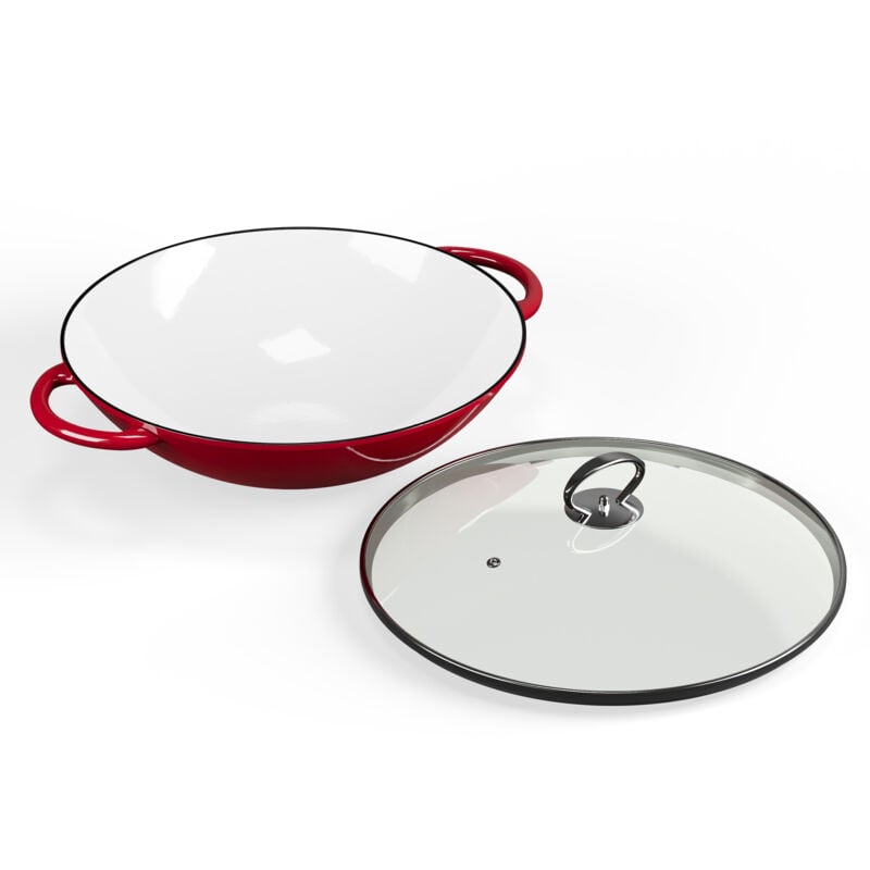 Klarstein - ToCi Wok-Pfanne aus Gusseisen, Emaillierte Pfanne & Wok, Große & Tiefe Beschichtete Pfanne, Wokpfanne mit Deckel & Griffen, Antihaft-Wok