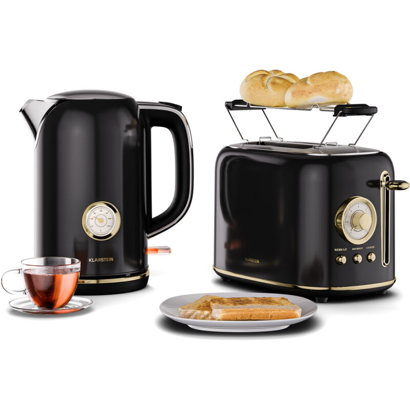 Klarstein Victoria Toaster Wasserkocher Set, Retro Design, 2 Scheiben Toaster mit 7 Bräunungsstufen & Brötchenaufsatz, 1,7L Wasserkocher mit