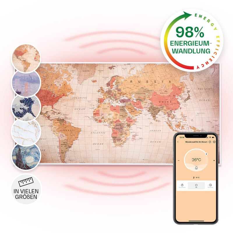 Klarstein - Wonderwall Air Art Smart Infrarotheizung 120x60cm 700W Wandinstallation App-Steuerung Weltkarte