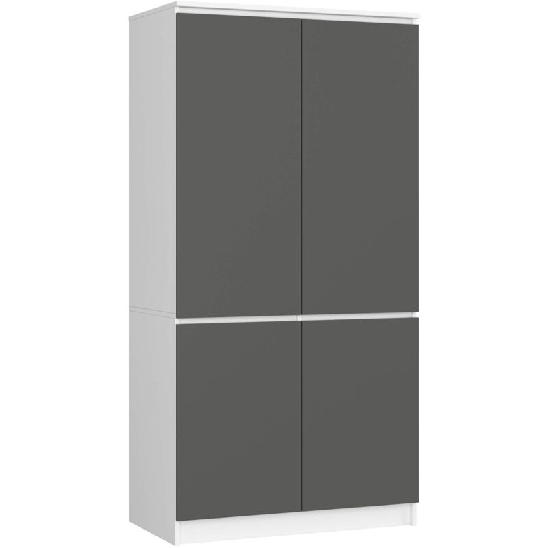 Akord - Kleiderschrank S90 Weiß, Grau 90 cm 4 Türen 4 Regalböden B90xH180xT51 cm