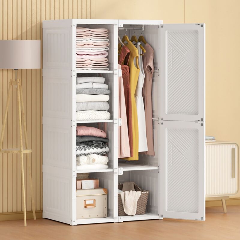 Kleiderschrank – mit 2 Türen – 4 Fächern – 1 Kleiderstange – tragbarer Kleiderschrank – faltbarer Kleiderschrank – 69x50x136 cm – Weiß