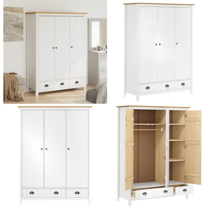 Kleiderschrank mit 3 Türen Hill Weiß 127x50x170 cm Kiefernholz - Schlafzimmermöbel - Kleiderschrank - Kiefernholzschrank - Weißer Kleiderschrank