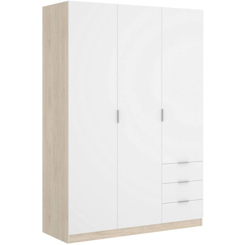 Kleiderschrank Cimone, Garderobe für Schlafzimmer, Kleiderschrank mit 3 Flügeltüren und 3 Schubladen, 121x52h184 cm, Weiß und Eiche - Dmora