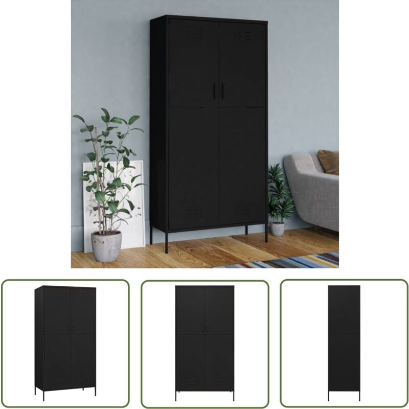 The Living Store Kleiderschrank Schwarz 90x50x180 cm Stahl - Schlafzimmermöbel - Kleiderschrank - Garderobe - Stahlschrank - Schwarzer Schrank