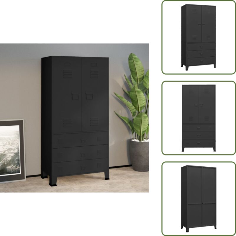 Industrial Kleiderschrank Schwarz 90x50x180 cm Metall - Industrieller Kleiderschrank - Metallschrank - Garderobe - Schuhregal - Schwarze Kommode
